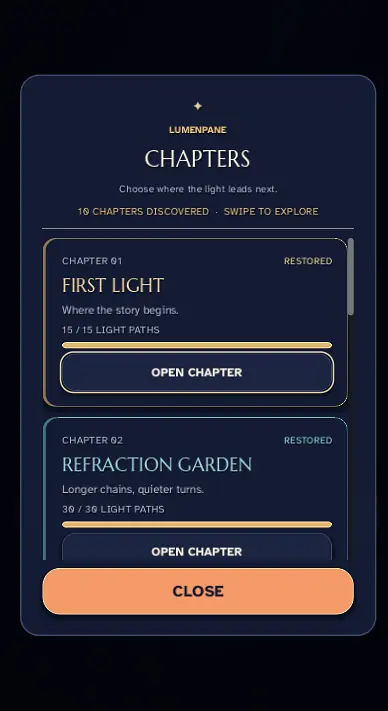 Lumenpane chapter selection with First Light and Refraction Garden