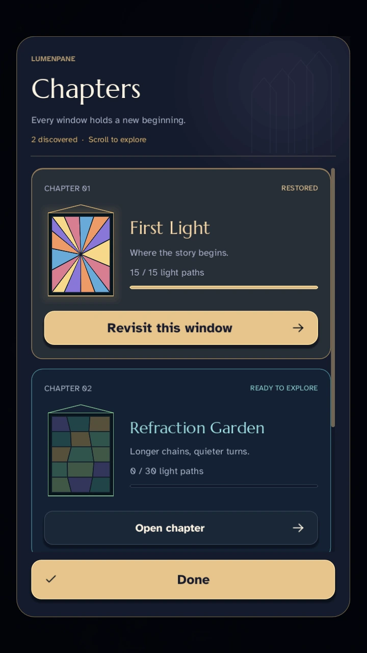 The new chapter gallery showing restored First Light and unlocked Refraction Garden