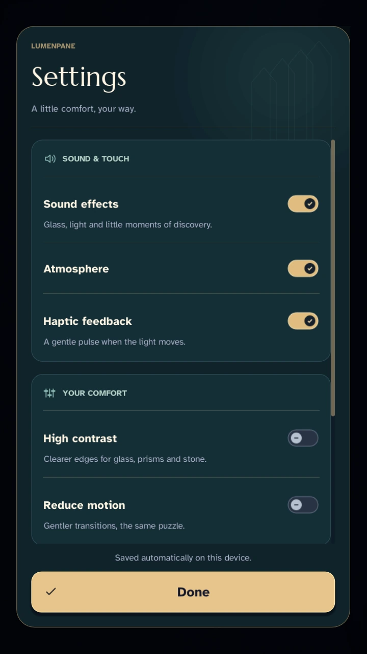 Grouped settings for sound effects, atmosphere, haptics, high contrast and reduced motion