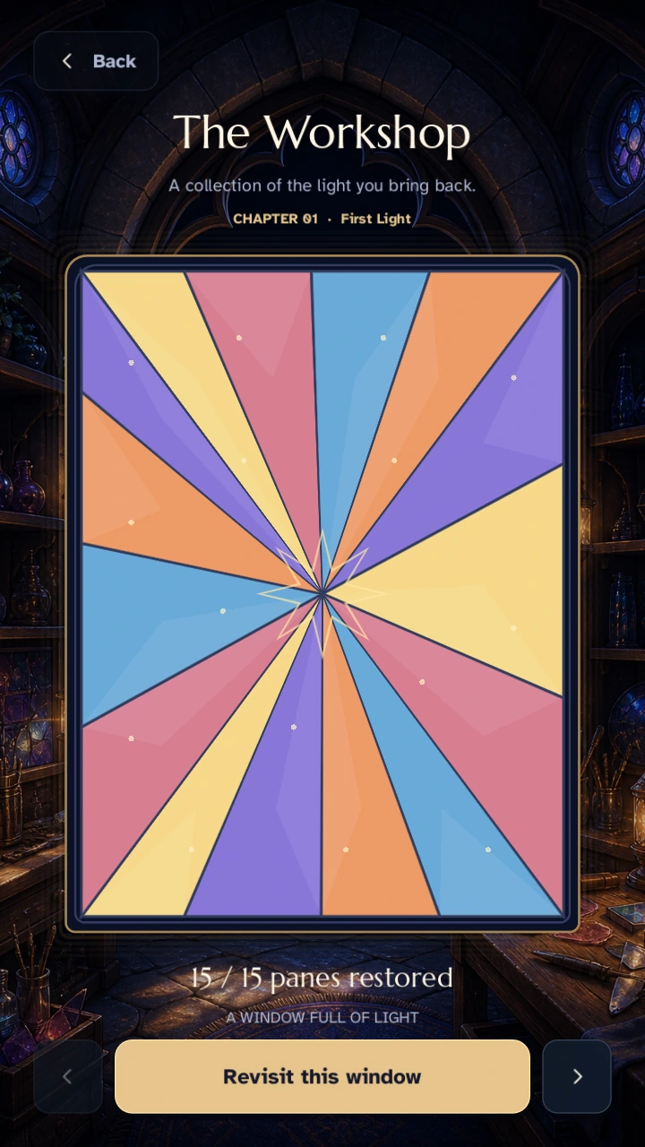 The complete First Light window in the Workshop