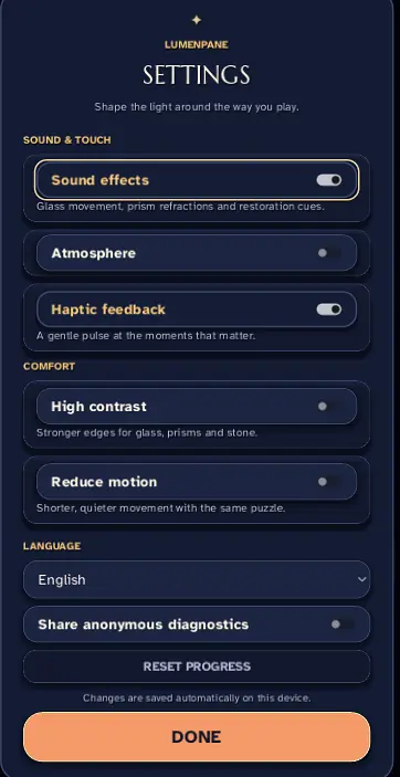 Lumenpane settings including sound, haptics, contrast and reduced motion